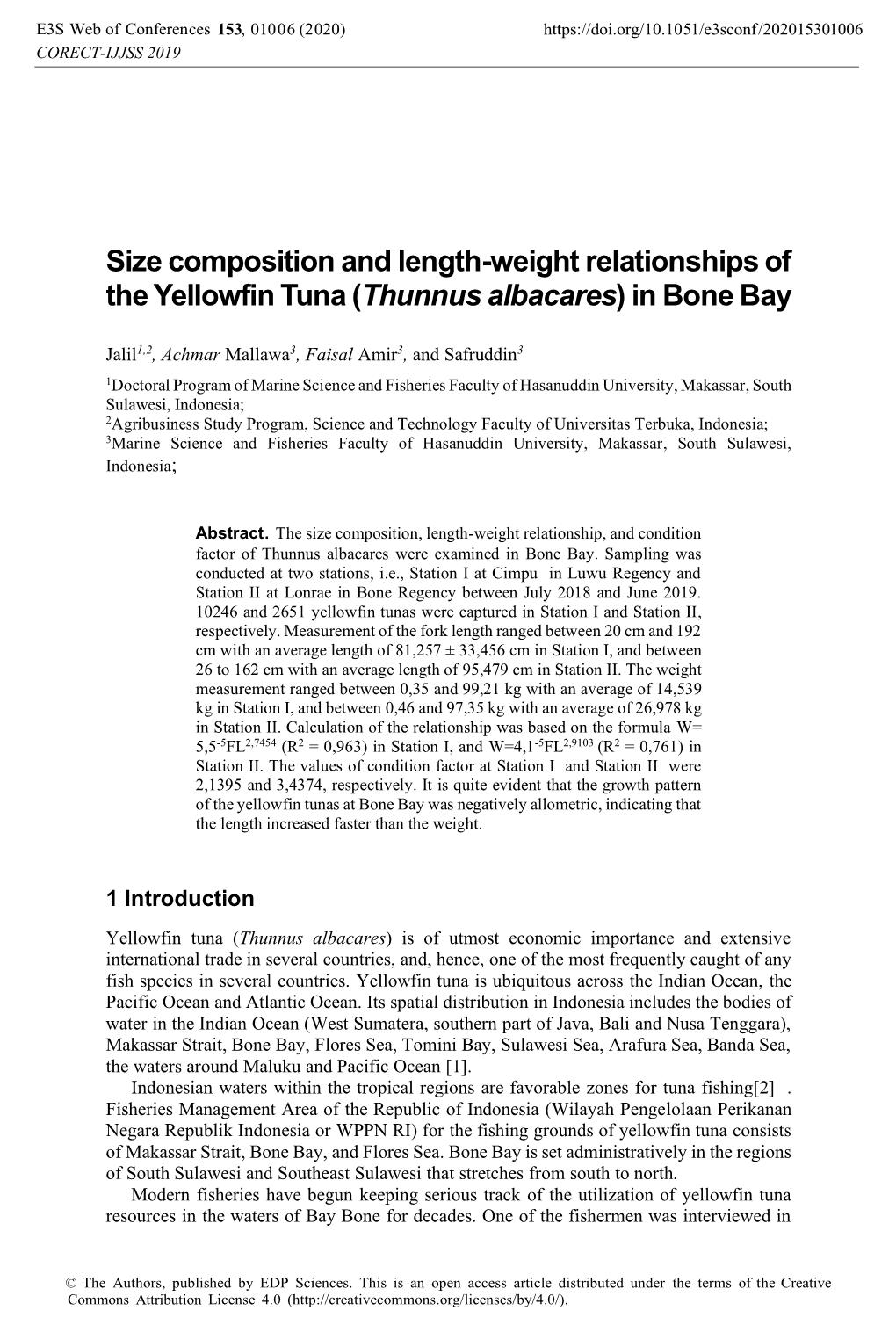 Size Composition and Length-Weight Relationships of the Yellowfin Tuna (Thunnus Albacares) in Bone Bay