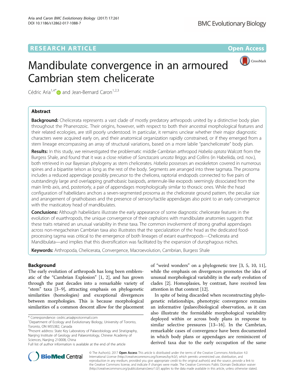 Mandibulate Convergence in an Armoured Cambrian Stem Chelicerate Cédric Aria1,4* and Jean-Bernard Caron1,2,3