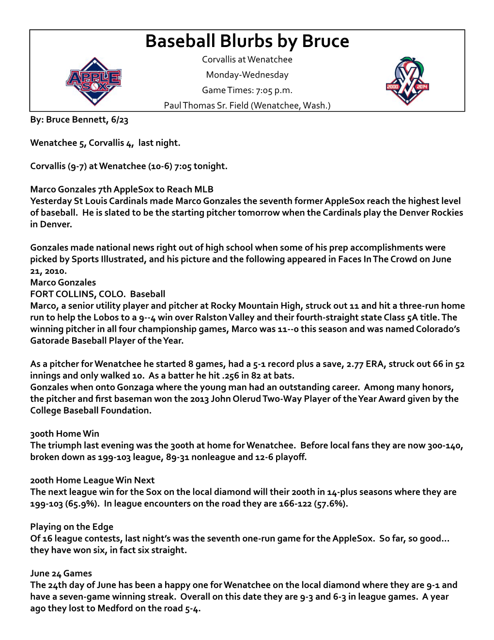 Baseball Blurbs by Bruce Corvallis at Wenatchee Monday-Wednesday Game Times: 7:05 P.M