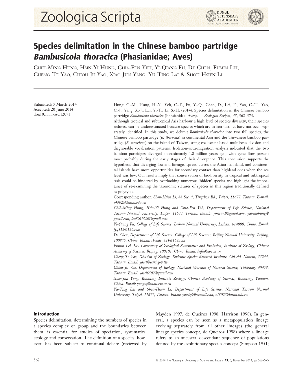 Species Delimitation in the Chinese Bamboo Partridge Bambusicola Thoracica (Phasianidae; Aves)