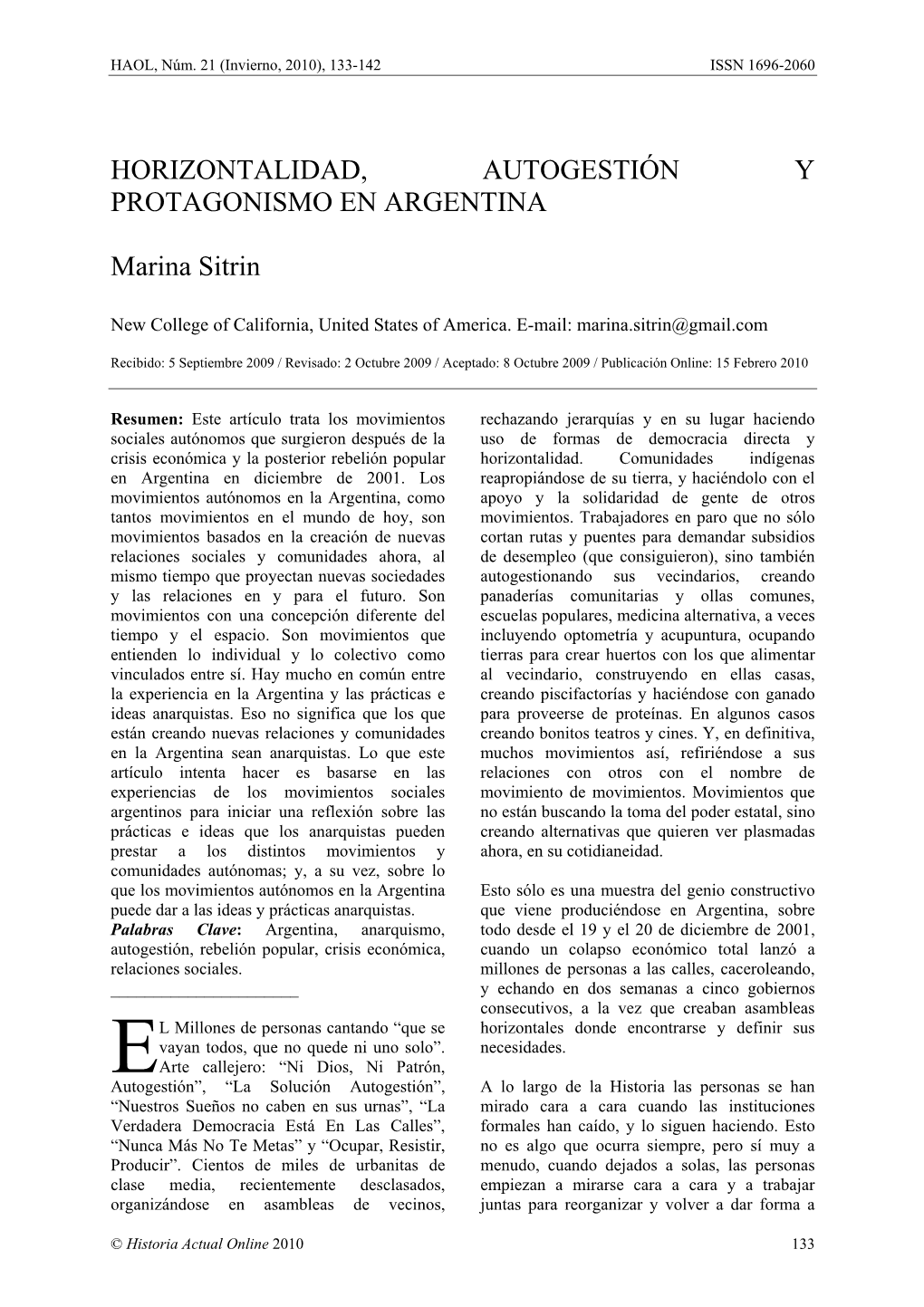 Horizontalidad, Autogestión Y Protagonismo En Argentina