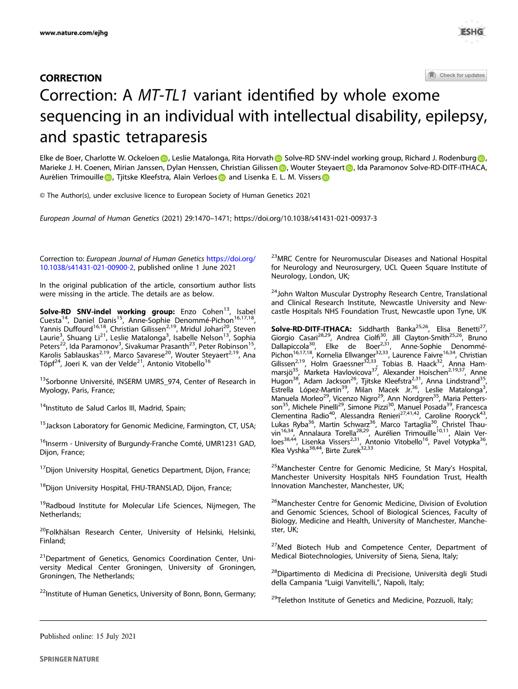 Correction: a MT-TL1 Variant Identified by Whole Exome Sequencing in An