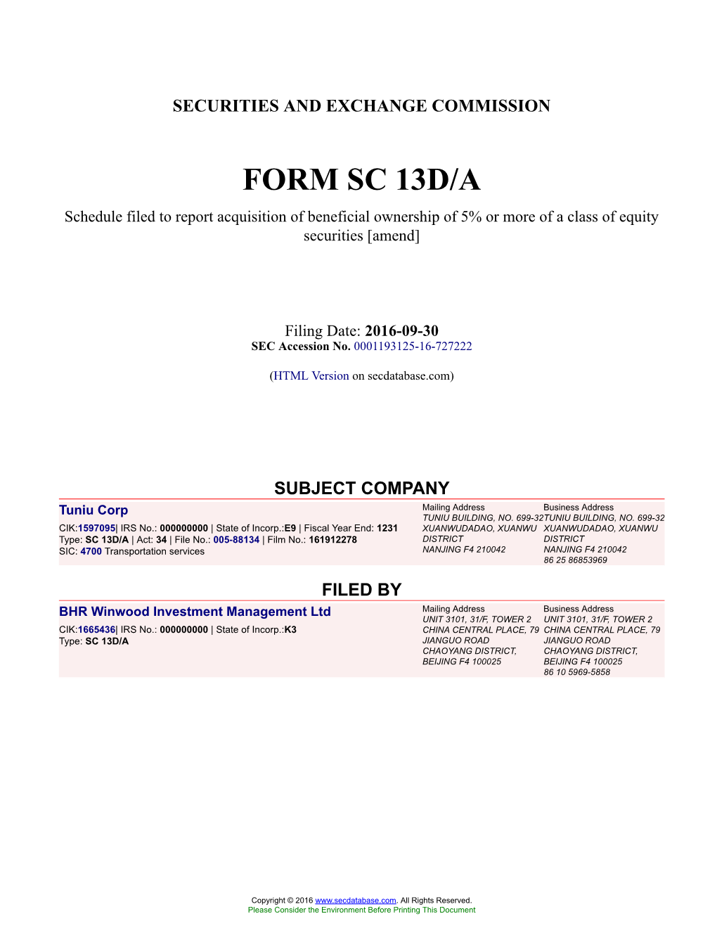 Tuniu Corp Form SC 13D/A Filed 2016-09-30