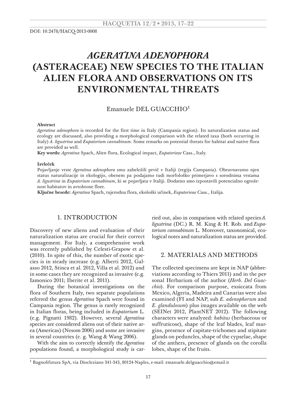 Ageratina Adenophora Is Recorded for the First Time in Italy (Campania Region)
