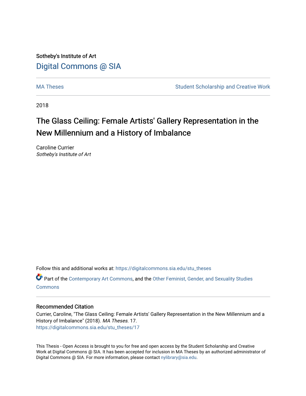 The Glass Ceiling: Female Artists' Gallery Representation in the New Millennium and a History of Imbalance