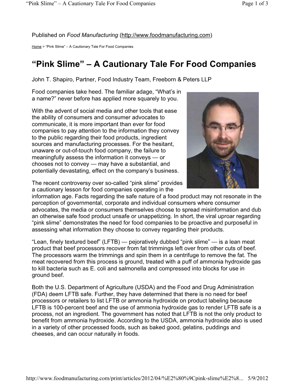 “Pink Slime” – a Cautionary Tale for Food Companies Page 1 of 3