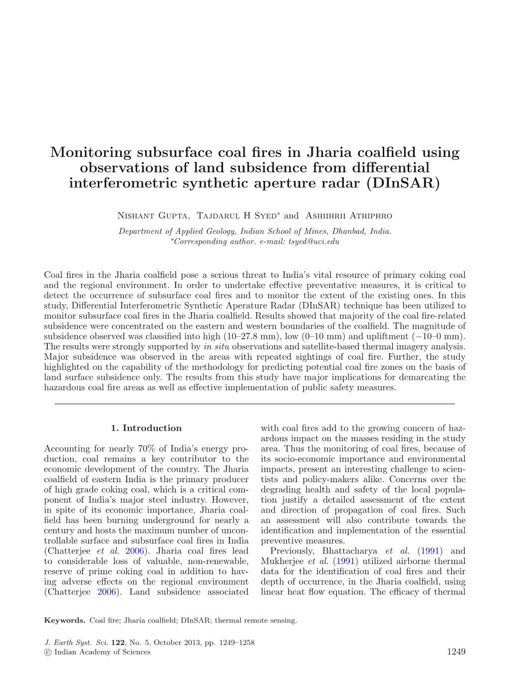 Monitoring Subsurface Coal Fires in Jharia Coalfield Using Observations