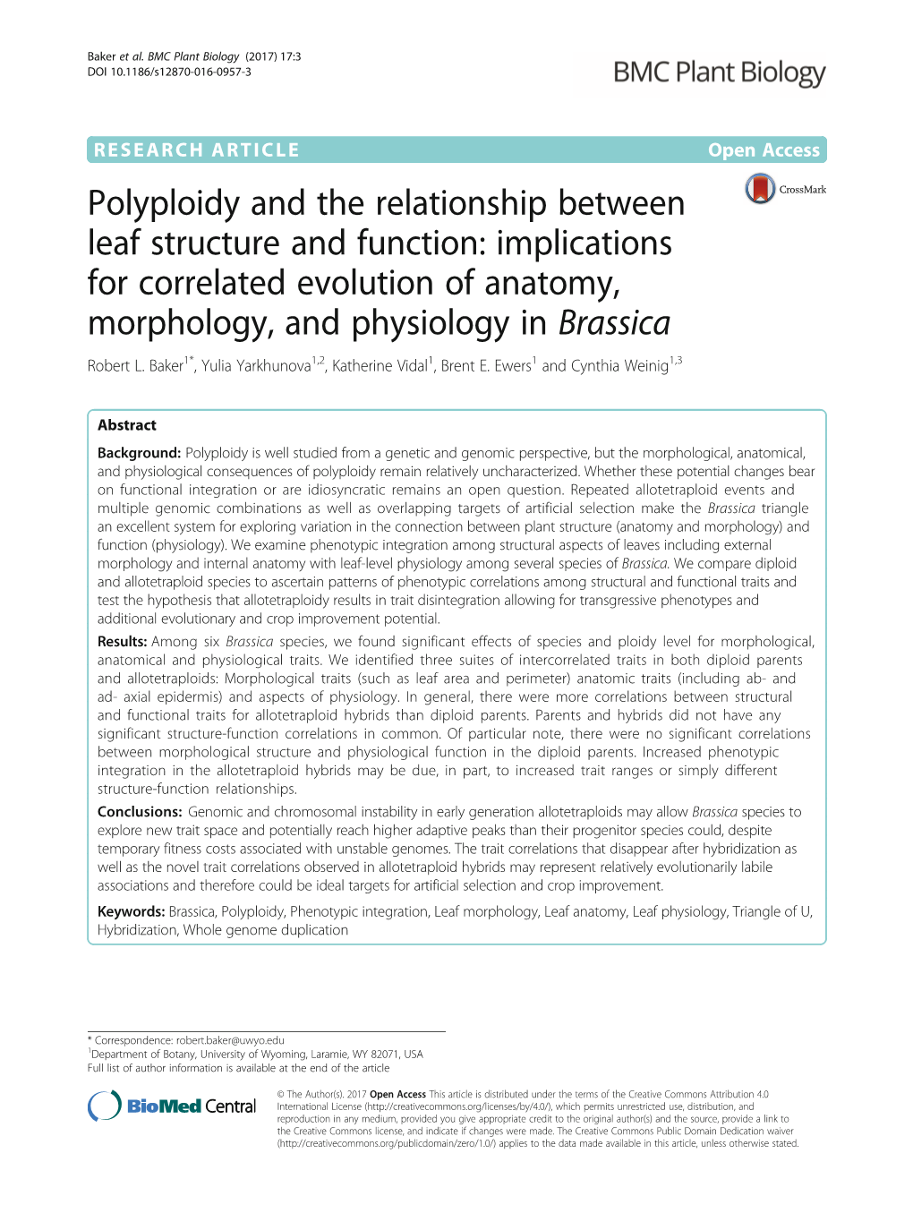 Polyploidy and the Relationship Between Leaf Structure and Function: Implications for Correlated Evolution of Anatomy, Morphology, and Physiology in Brassica Robert L