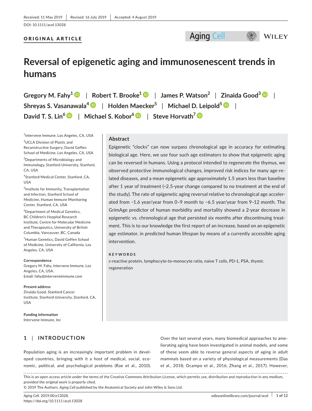 Reversal of Epigenetic Aging and Immunosenescent Trends in Humans