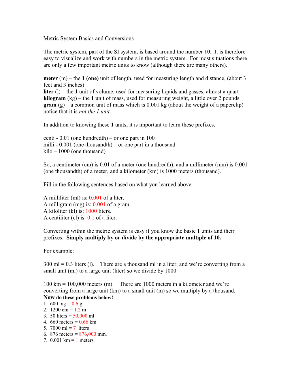 Basic Metric System and Conversions