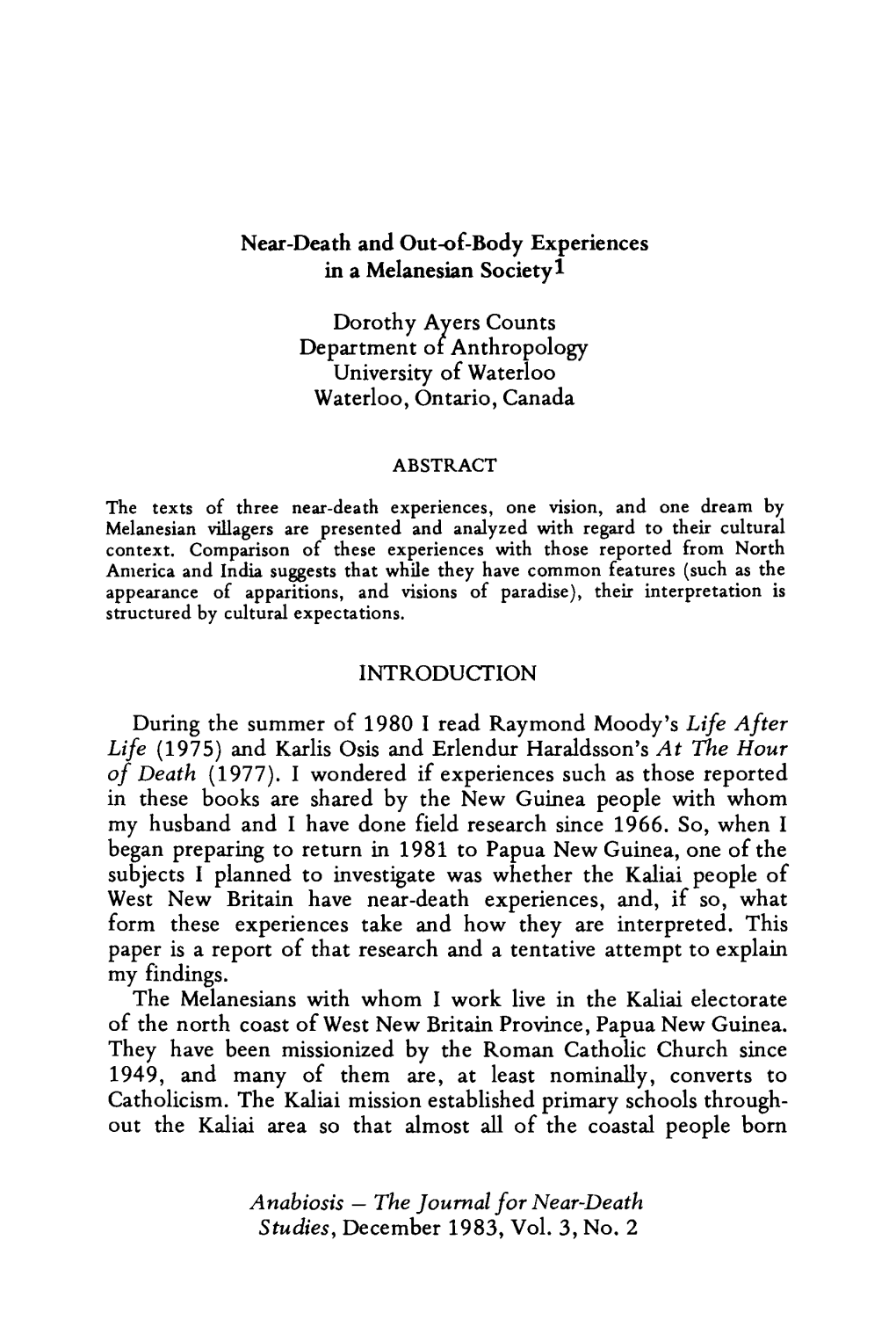 Near-Death and Out-Of-Body Experiences in a Melanesian Societyi