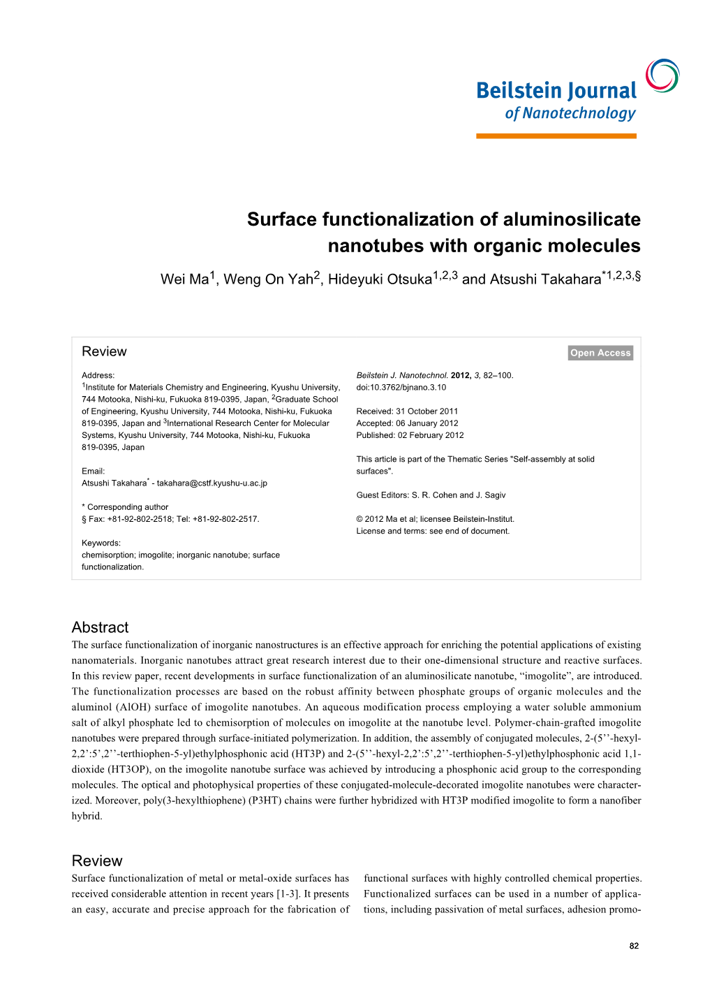 Surface Functionalization of Aluminosilicate Nanotubes with Organic Molecules
