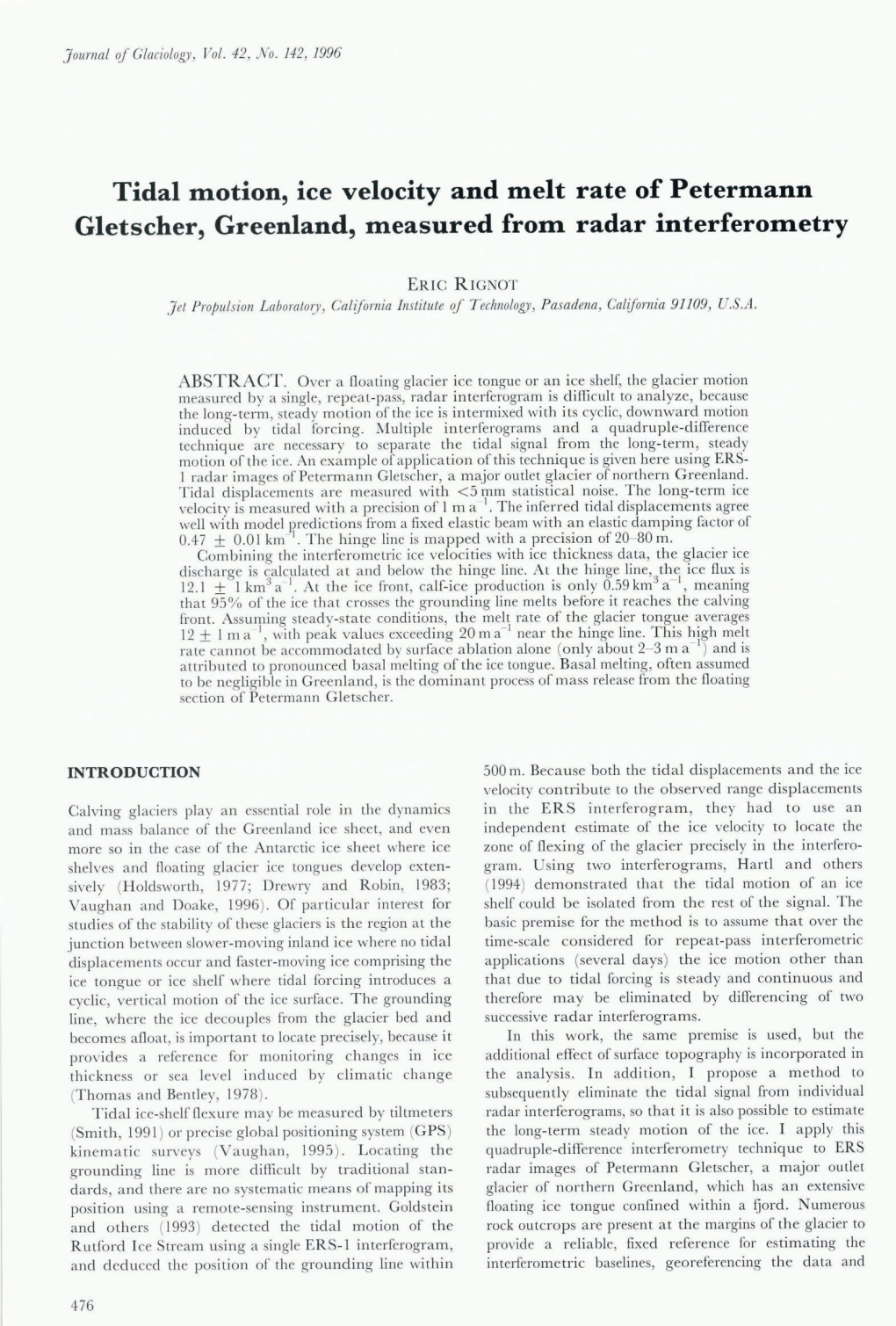 Tidal Motion, Ice Velocity and Melt Rate of Petermann Gletscher, Greenland