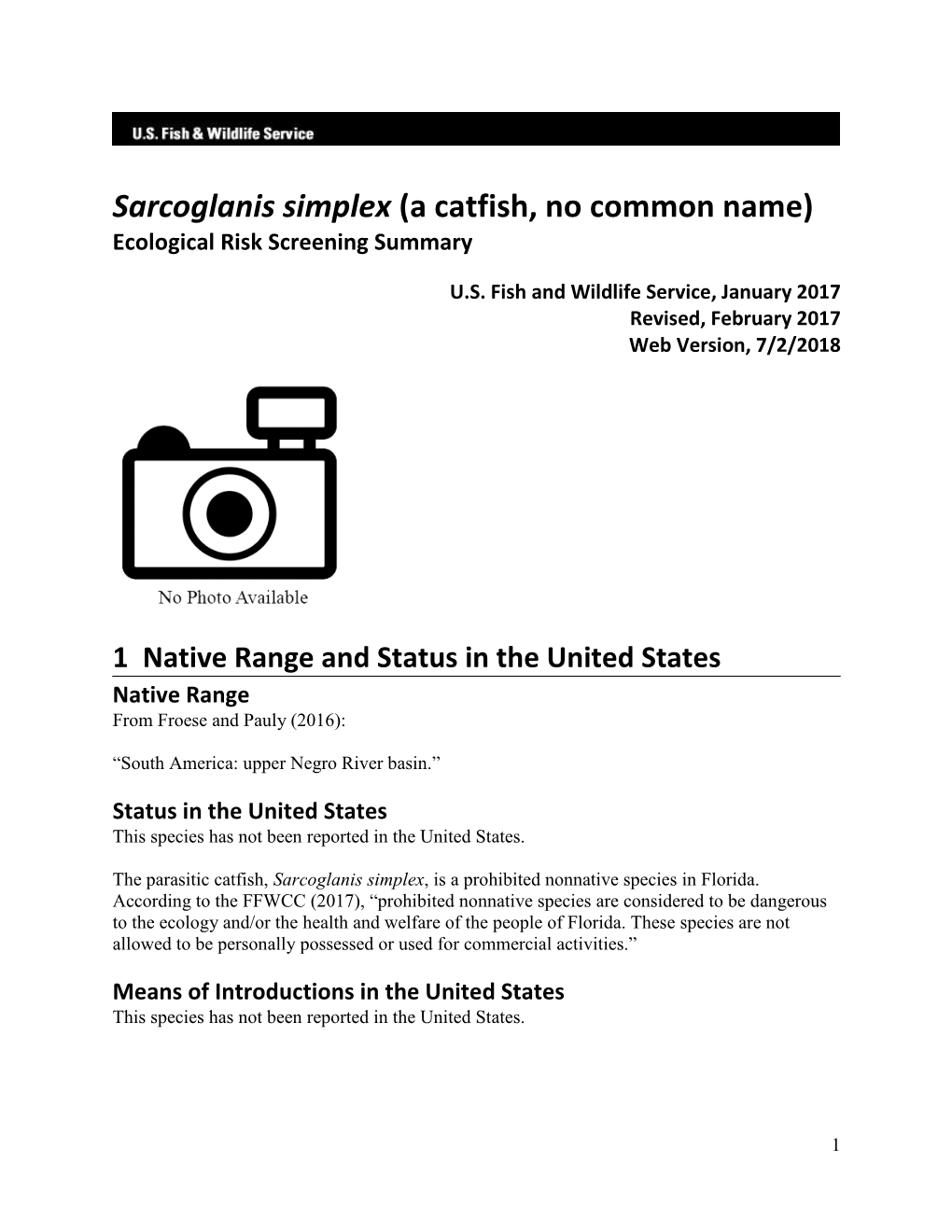 Sarcoglanis Simplex (A Catfish, No Common Name) Ecological Risk Screening Summary