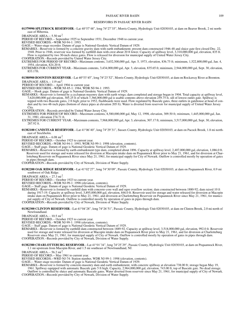 Reservoirs in Passaic River Basin
