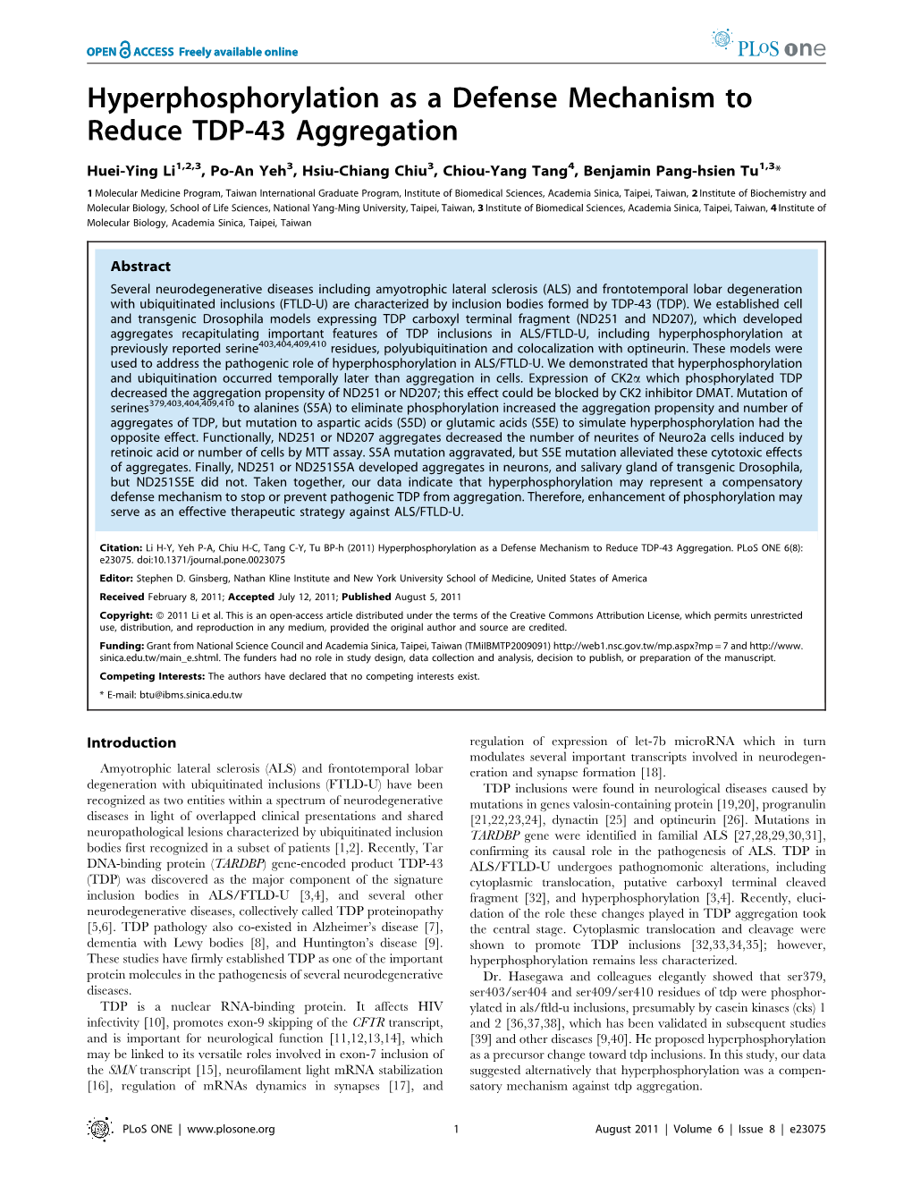 Hyperphosphorylation As a Defense Mechanism to Reduce TDP-43 Aggregation
