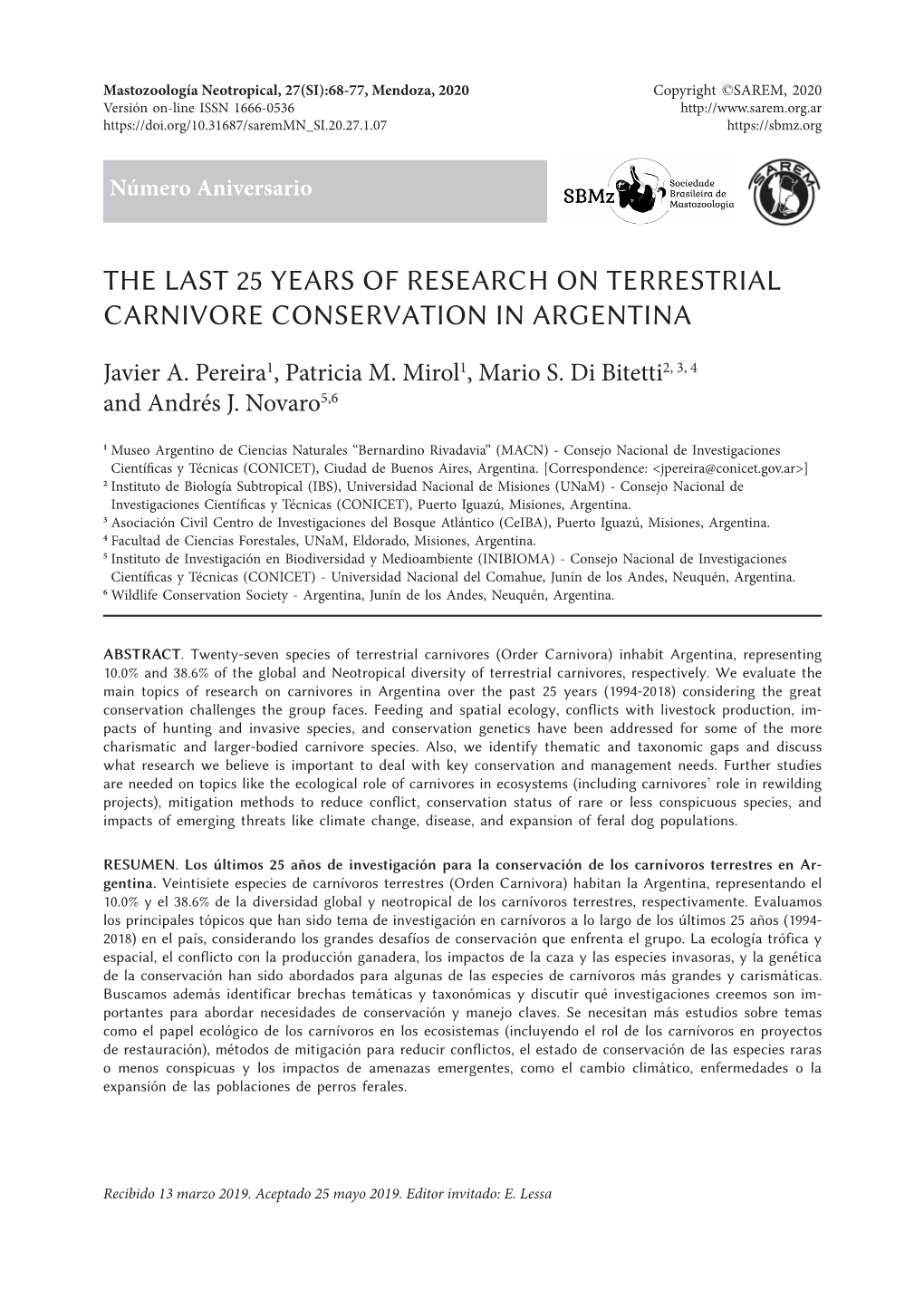 The Last 25 Years of Research on Terrestrial Carnivore Conservation in Argentina