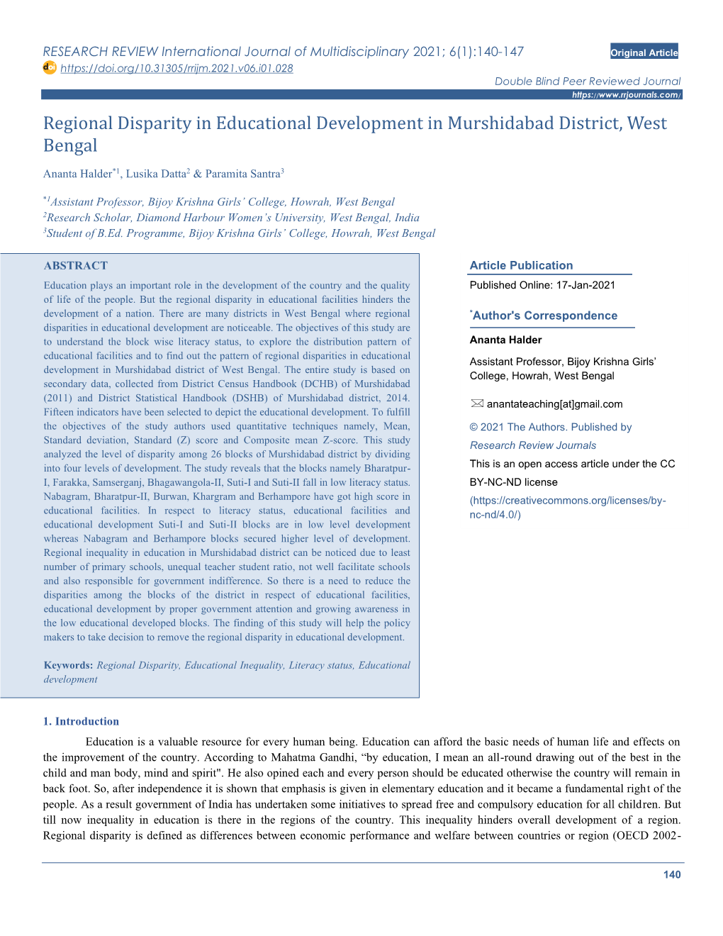 Regional Disparity in Educational Development in Murshidabad District, West Bengal