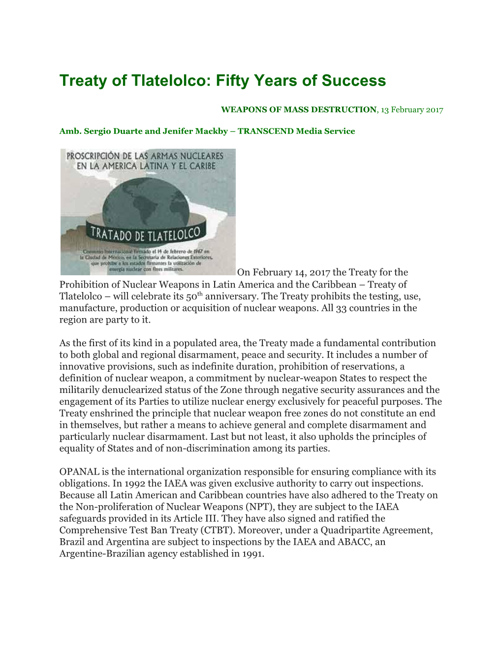 Treaty of Tlatelolco: Fifty Years of Success