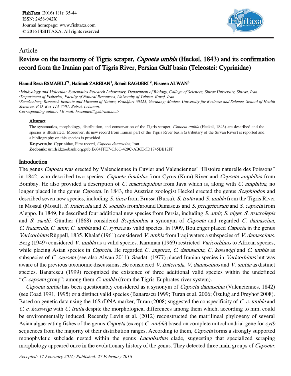 Article Review on the Taxonomy of Tigris Scraper, Capoeta