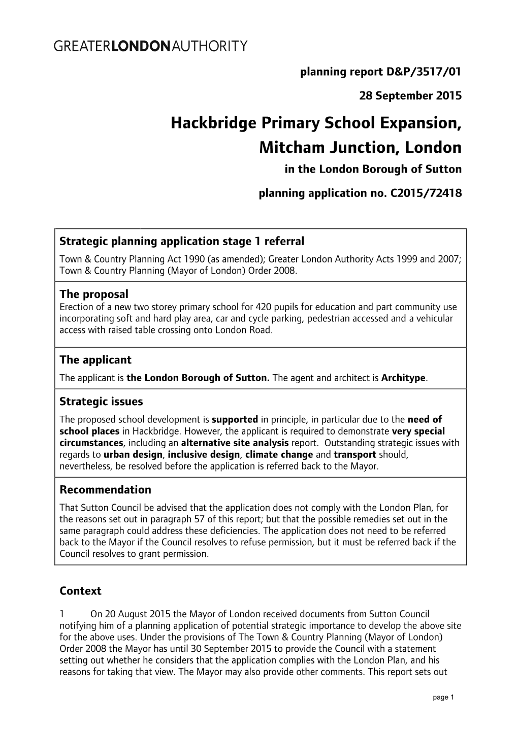 Hackbridge Primary School Expansion, Mitcham Junction, London in the London Borough of Sutton Planning Application No