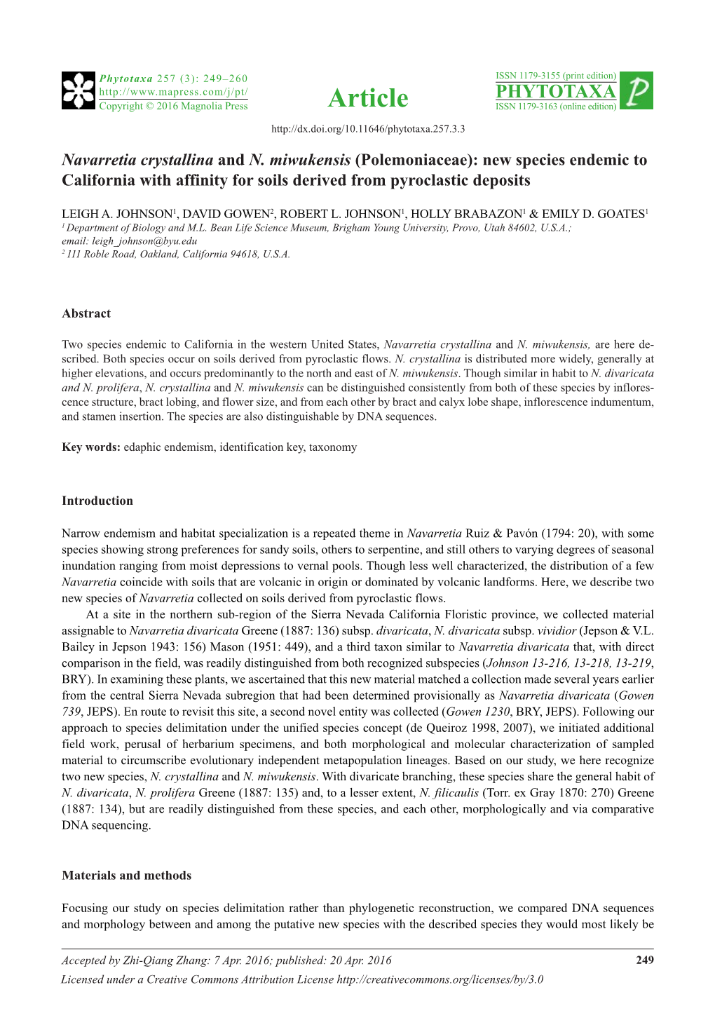 Navarretia Crystallina and N. Miwukensis (Polemoniaceae): New Species Endemic to California with Affinity for Soils Derived from Pyroclastic Deposits