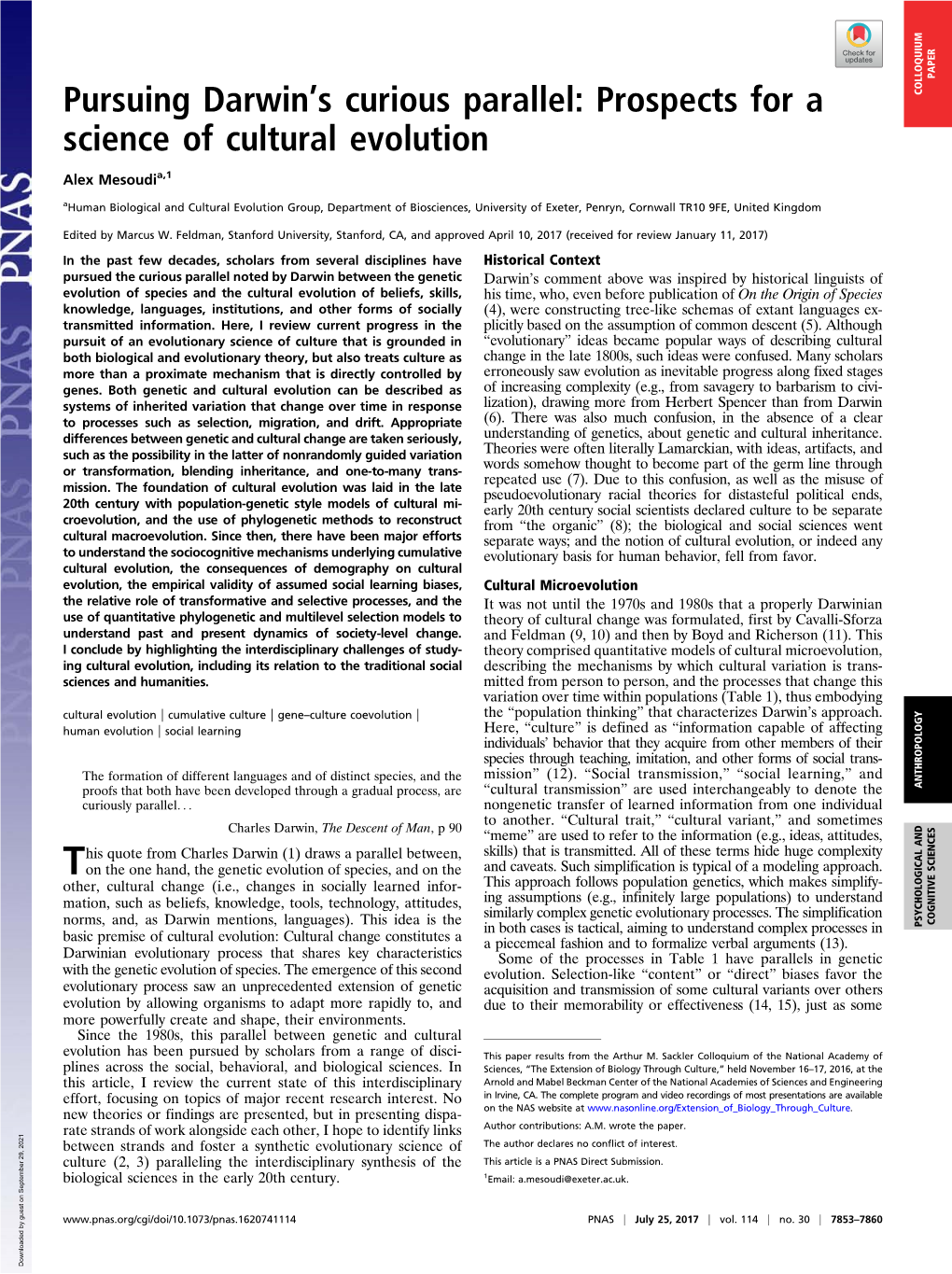 Pursuing Darwin's Curious Parallel: Prospects for a Science of Cultural Evolution