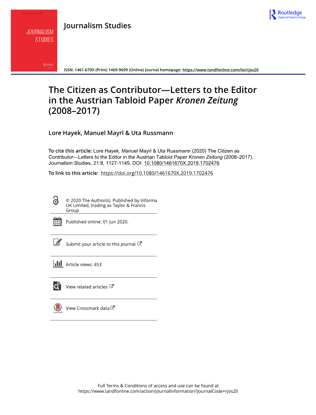The Citizen As Contributor—Letters to the Editor in the Austrian Tabloid Paper Kronen Zeitung (2008–2017)