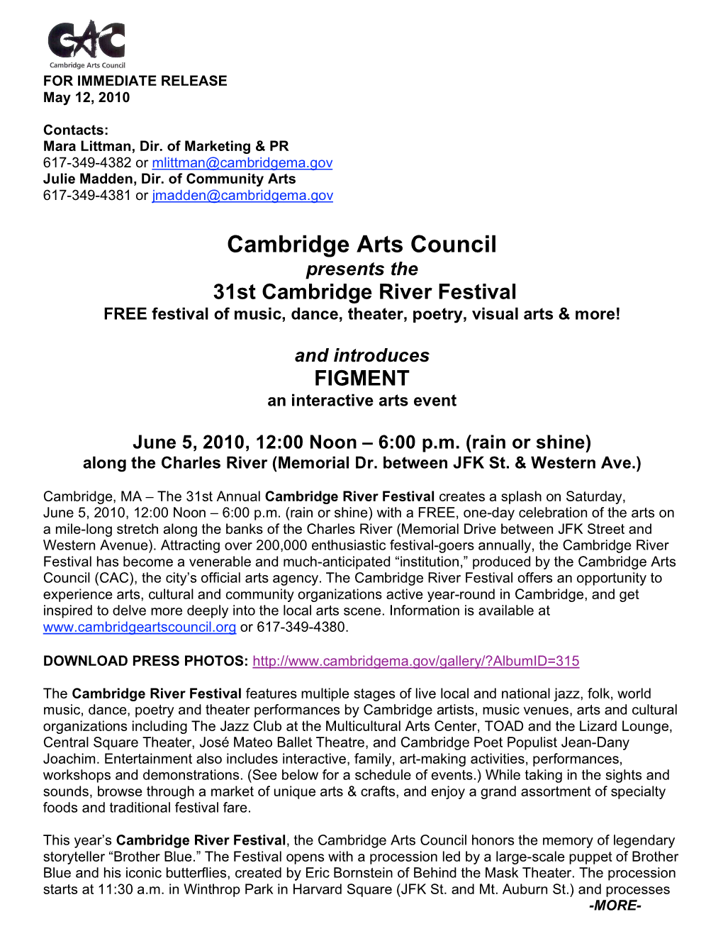 Cambridge Arts Council Presents the 31St Cambridge River Festival FREE Festival of Music, Dance, Theater, Poetry, Visual Arts & More!