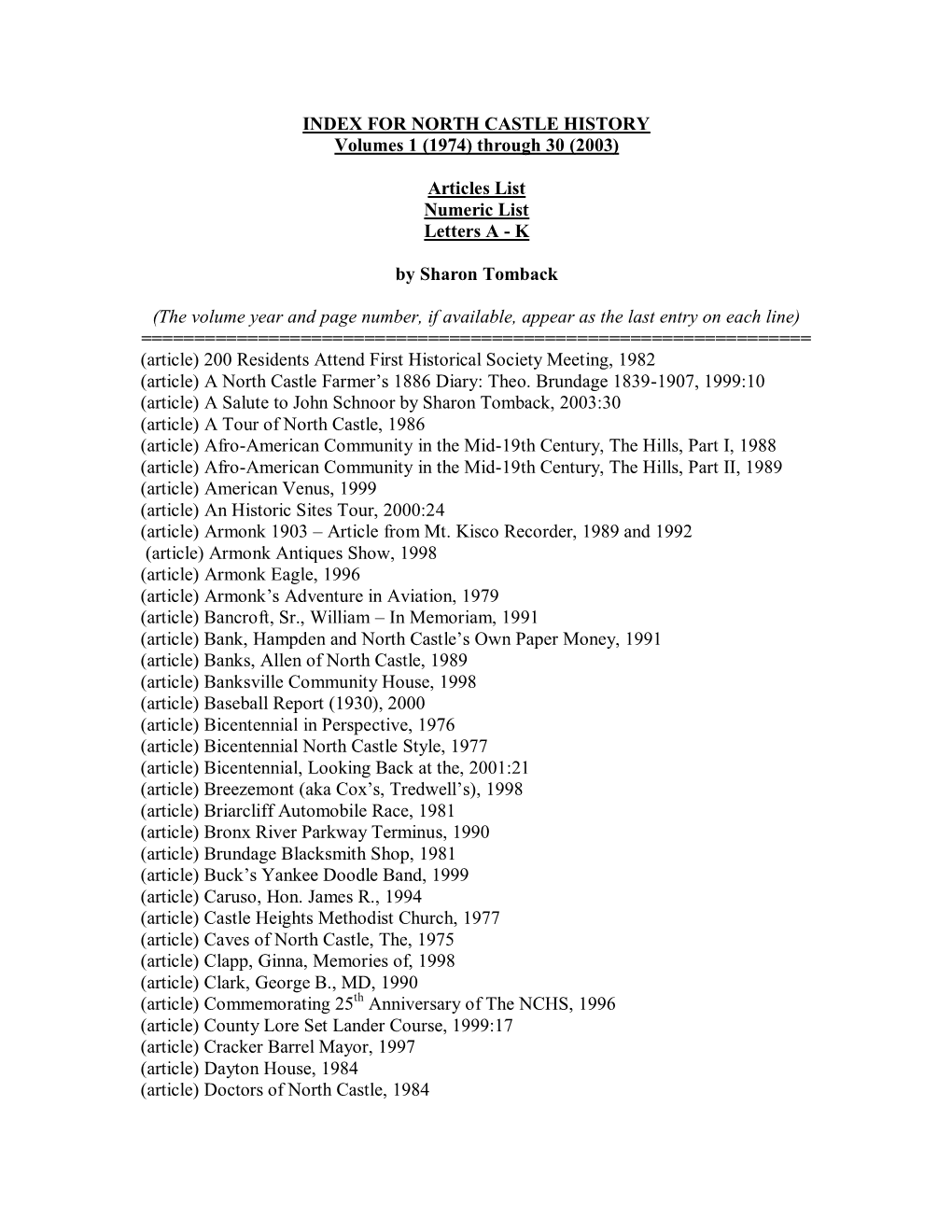 Index of North Castle History, Volume 26, 1999