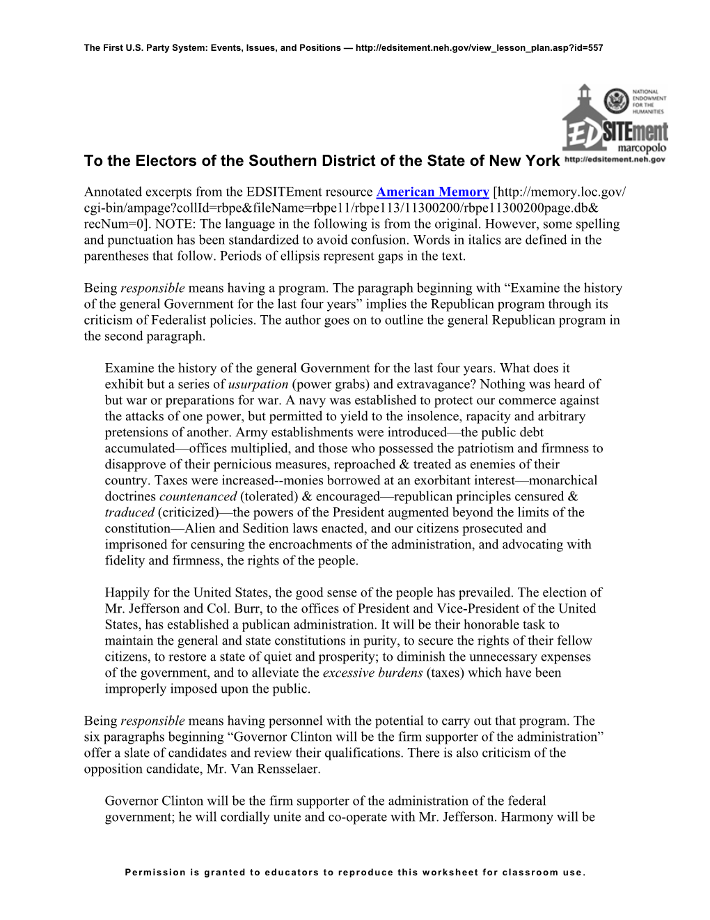 Excerpts from to the Electors of the Southern District of the State of New-York