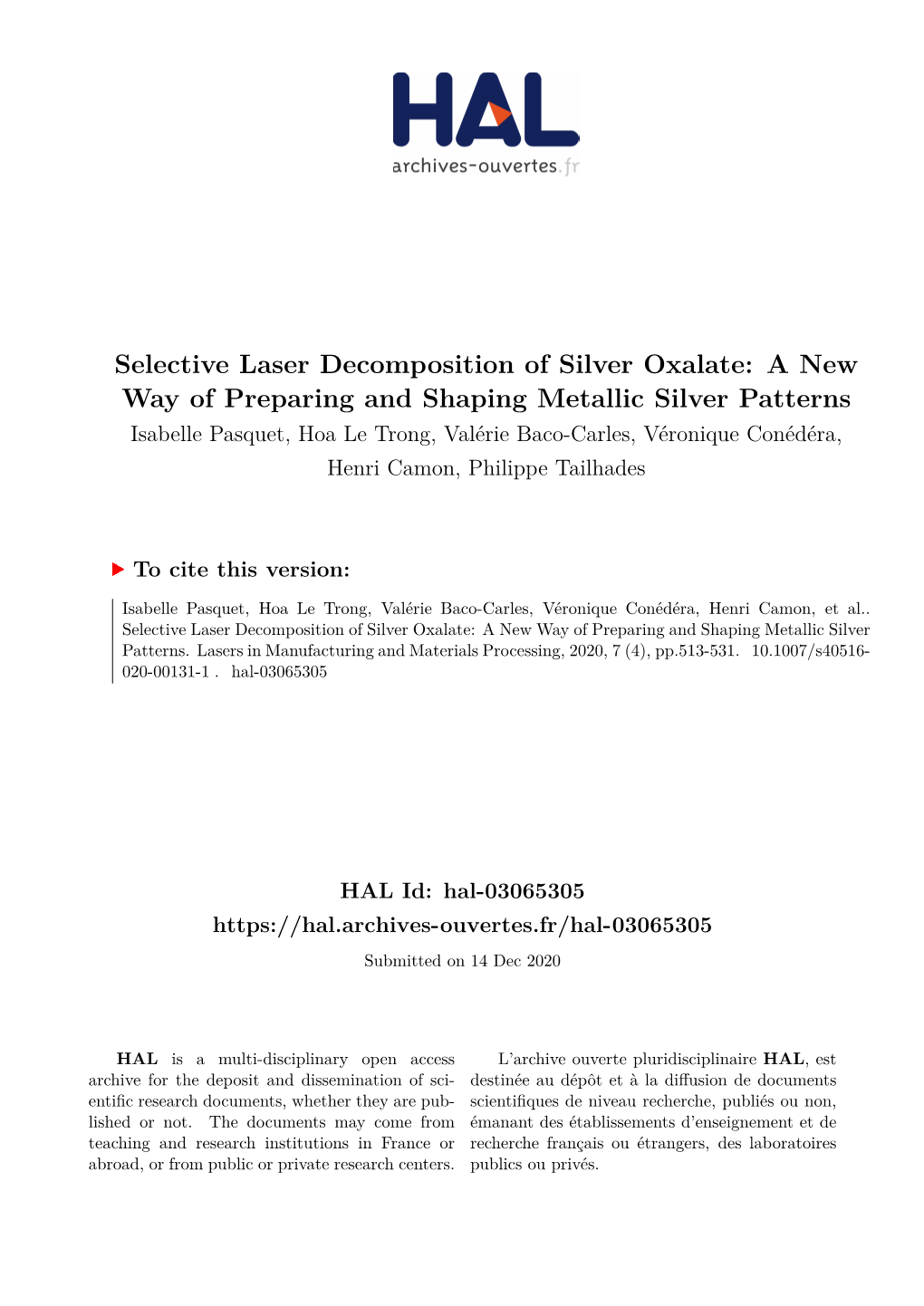 Selective Laser Decomposition of Silver Oxalate