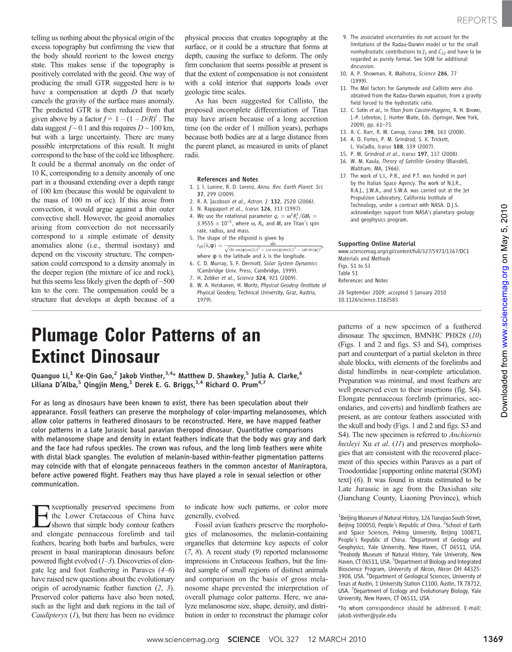 Plumage Color Patterns of an Extinct Dinosaur