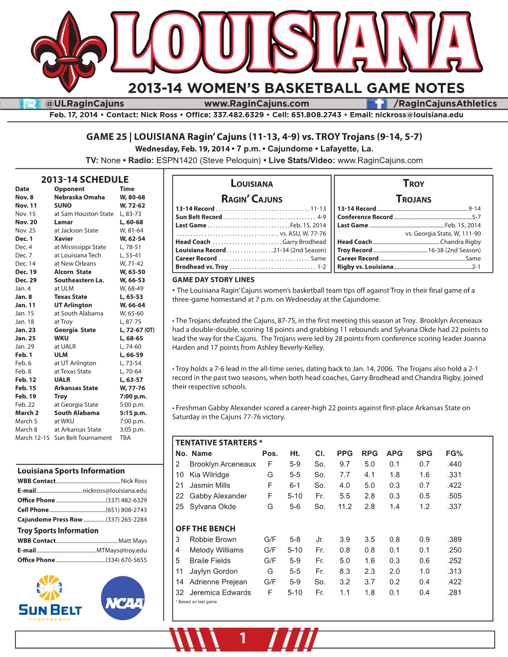 2013-14 Women's Basketball Game Notes