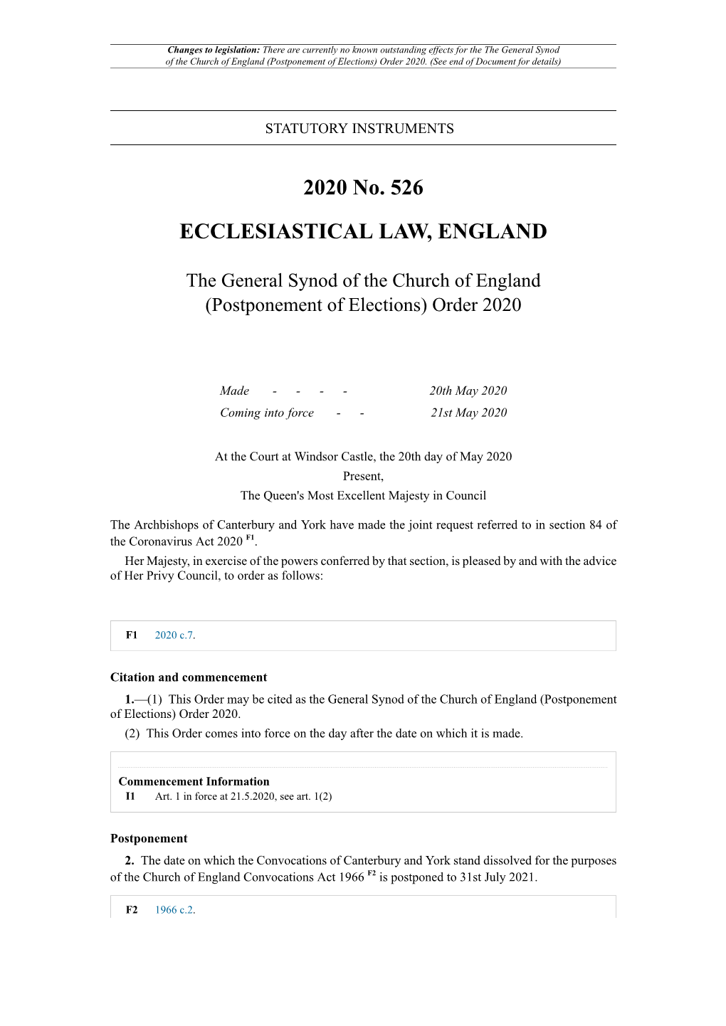 The General Synod of the Church of England (Postponement of Elections) Order 2020
