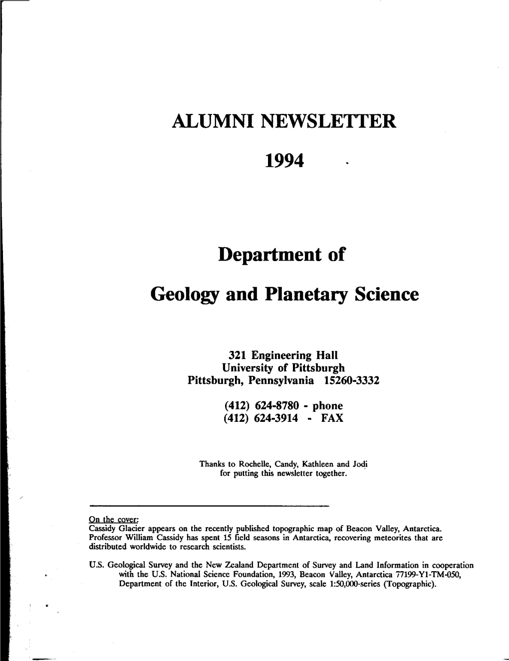 ALUMNI NEWSLETTER 1994 Department of Geology And