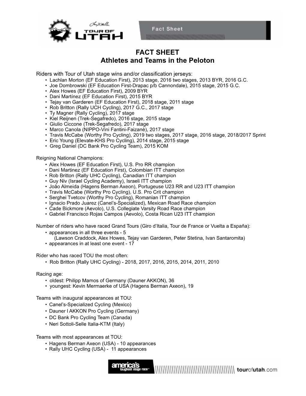 FACT SHEET Athletes and Teams in the Peloton