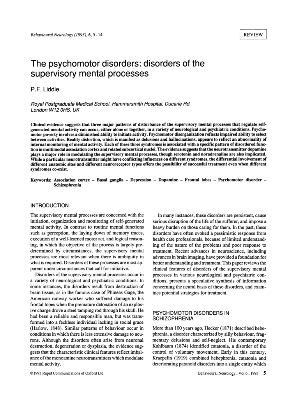 The Psychomotor Disorders: Disorders of the Supervisory Mental Processes