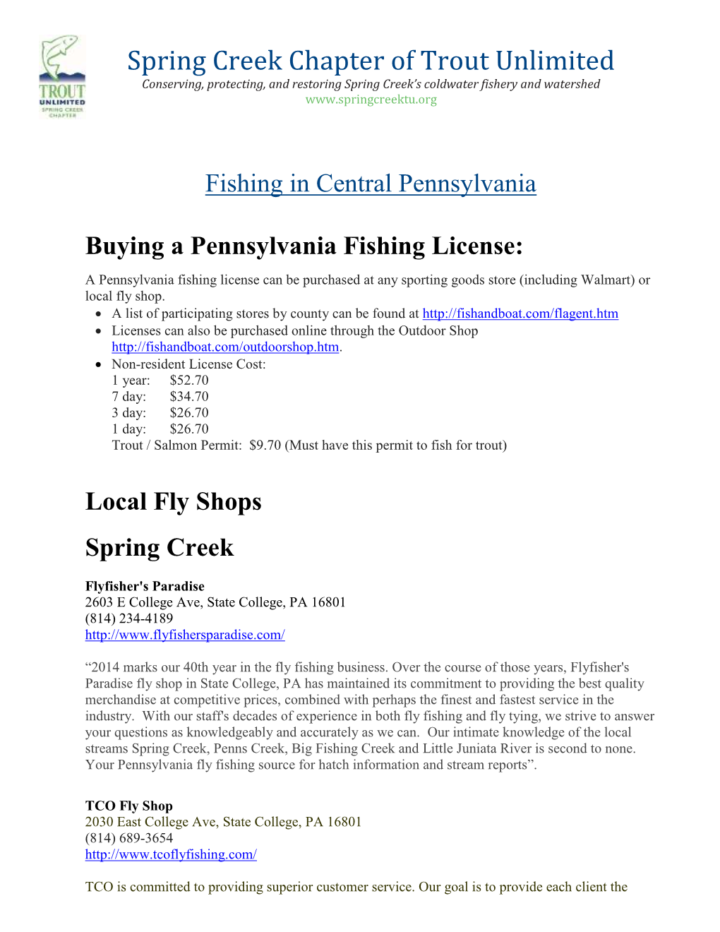 Central Pennsylvania Fishing Information