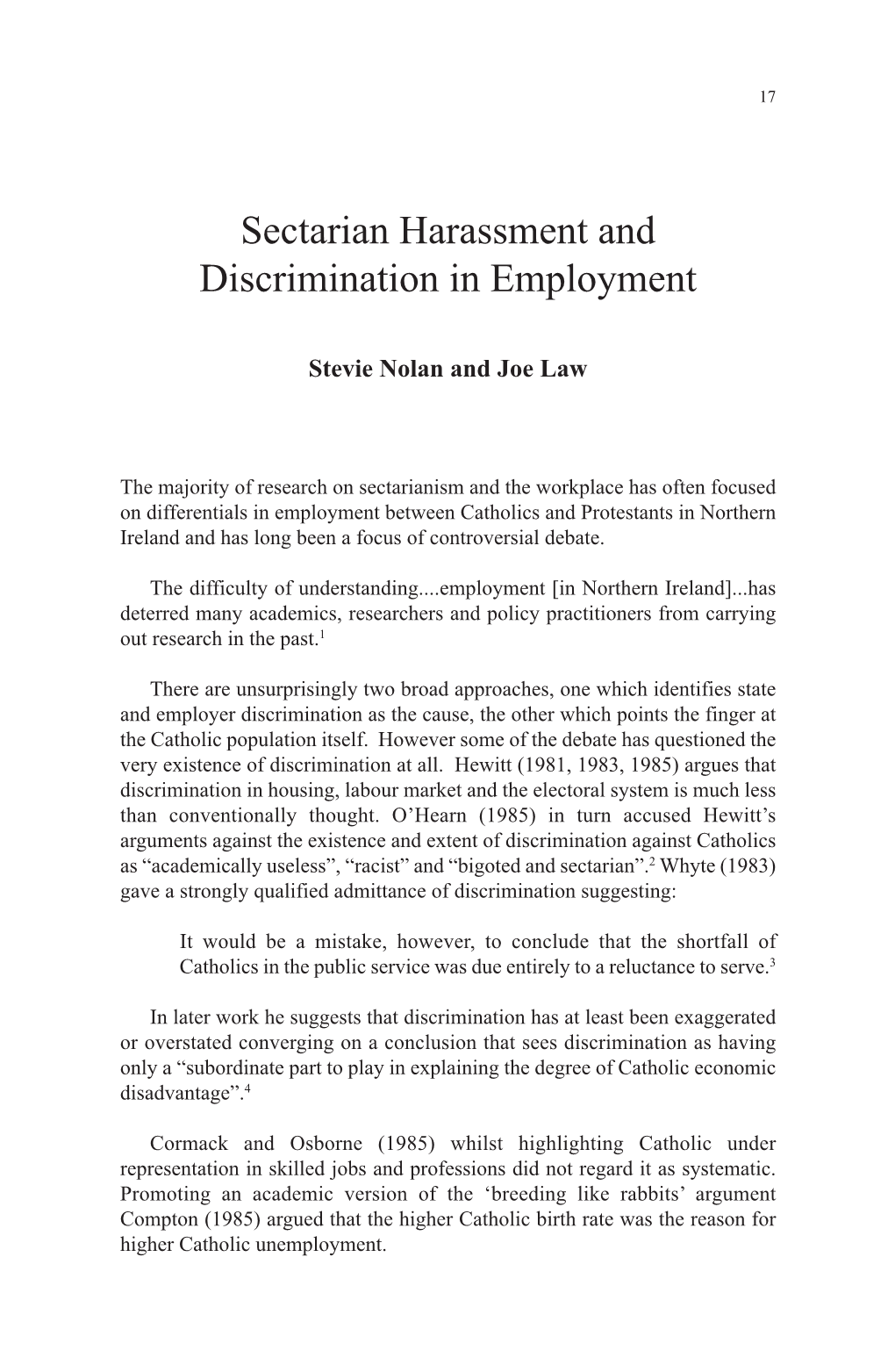 Sectarian Harassment and Discrimination in Employment