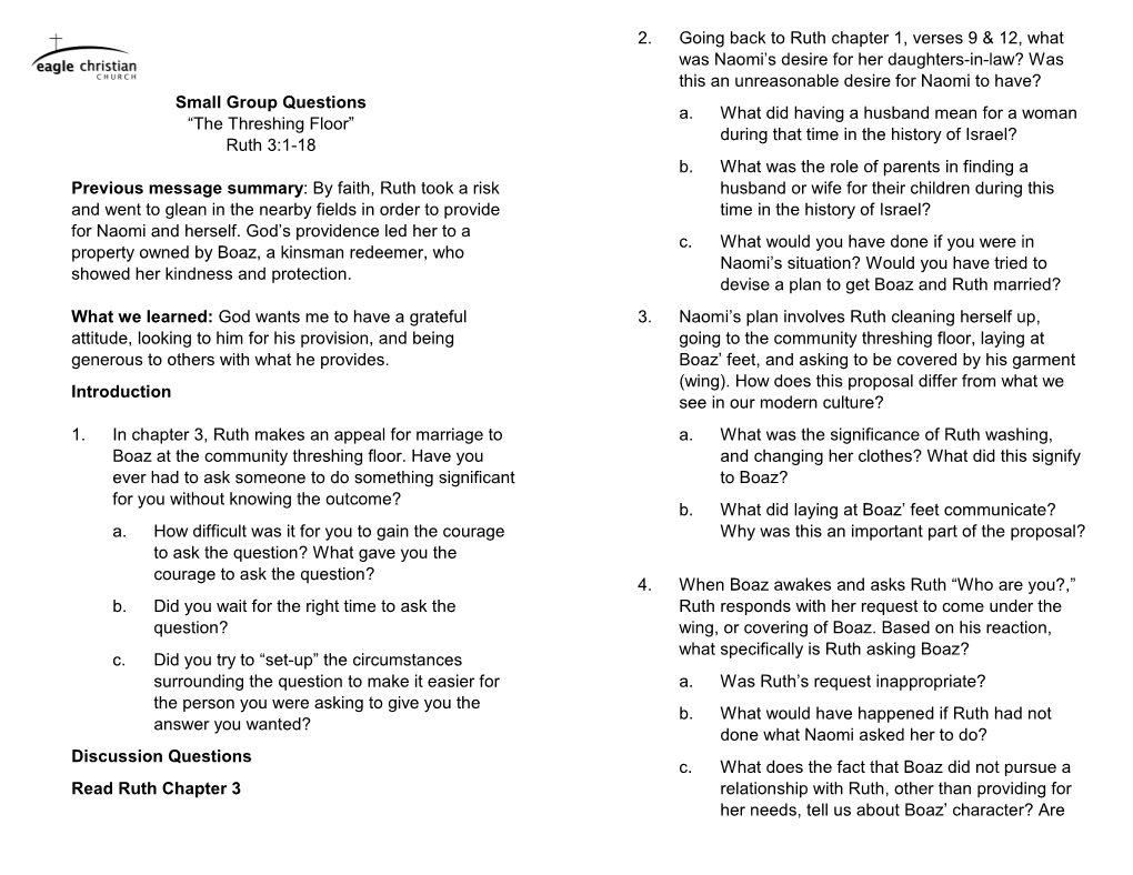 Small Group Questions “The Threshing Floor” Ruth 3:1-18