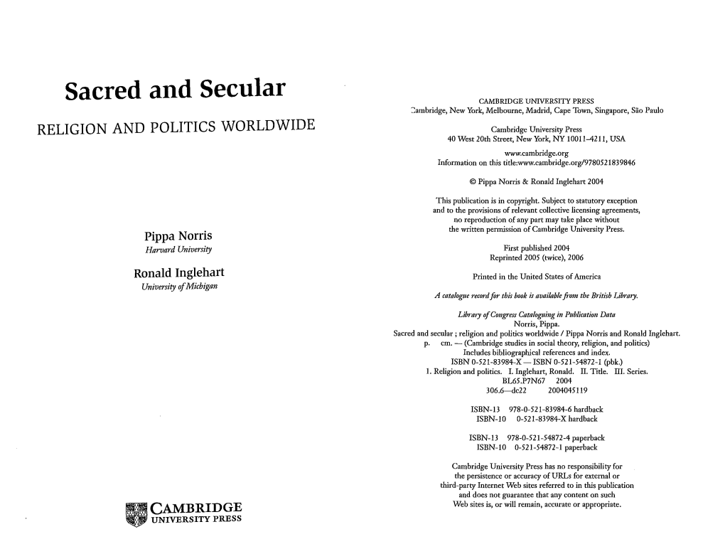 Sacred and Secular CAMBRIDGE UNIVERSITY PRESS :Ambridge, New York, Melbourne, Madrid, Cape Town, Singapore, Sao Paulo