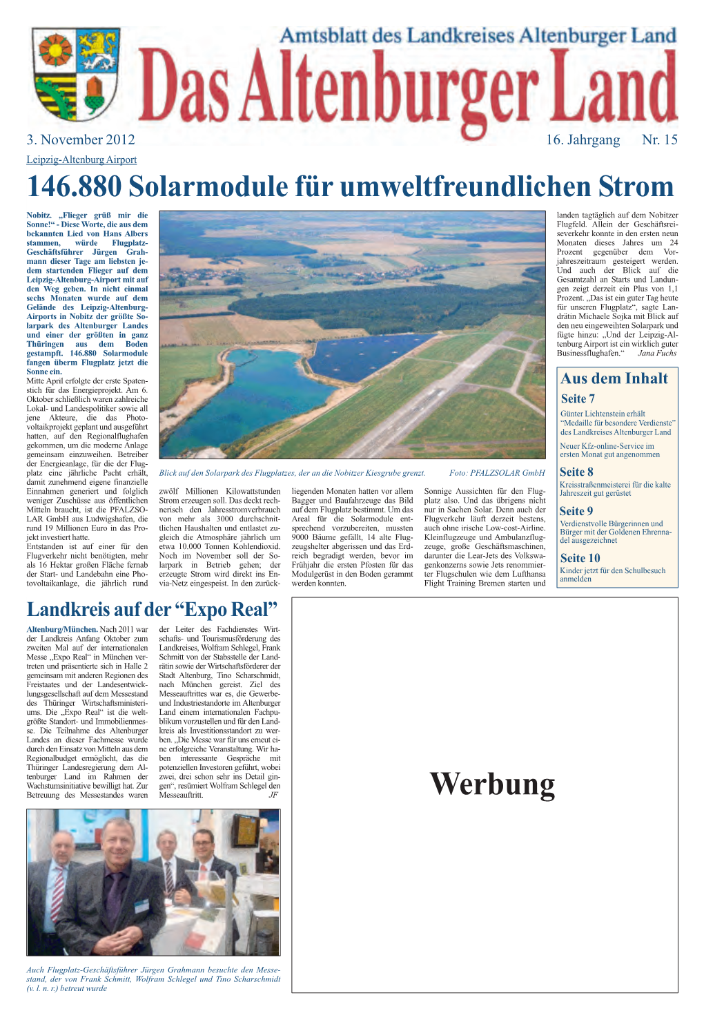 3. November 2012 16. Jahrgang Nr. 15 Leipzig-Altenburg Airport 146.880 Solarmodule Für Umweltfreundlichen Strom Nobitz