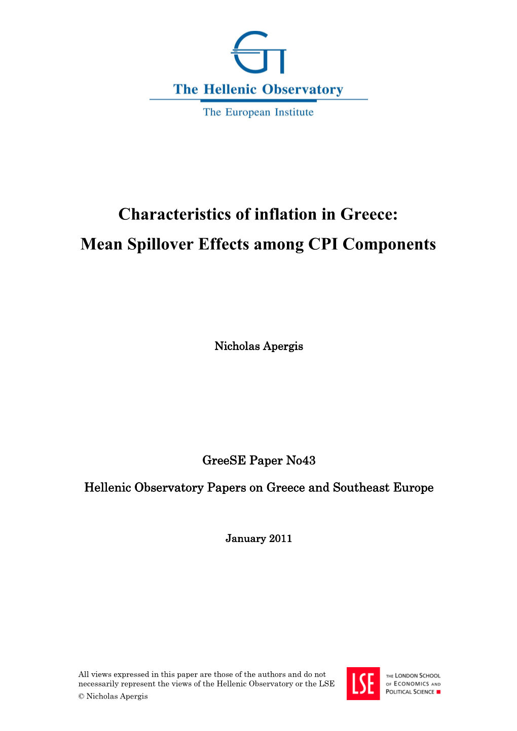 Characteristics of Inflation in Greece: Mean Spillover Effects Among CPI Components