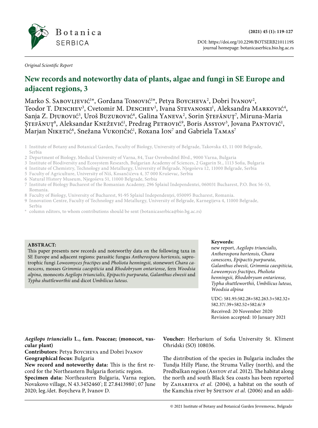 New Records and Noteworthy Data of Plants, Algae and Fungi in SE Europe and Adjacent Regions, 3 Marko S