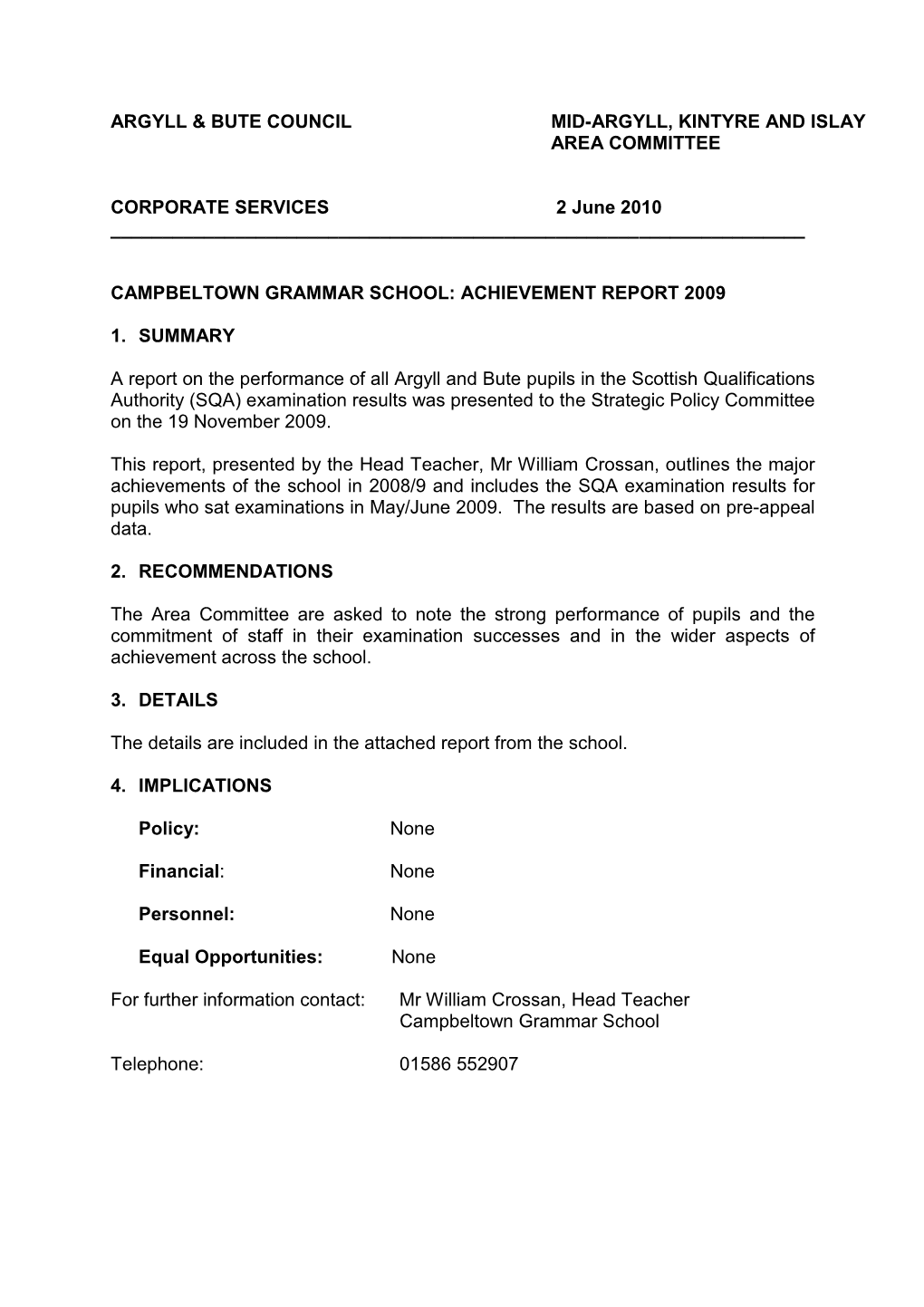 Campbeltown Grammar School: Achievement Report 2009