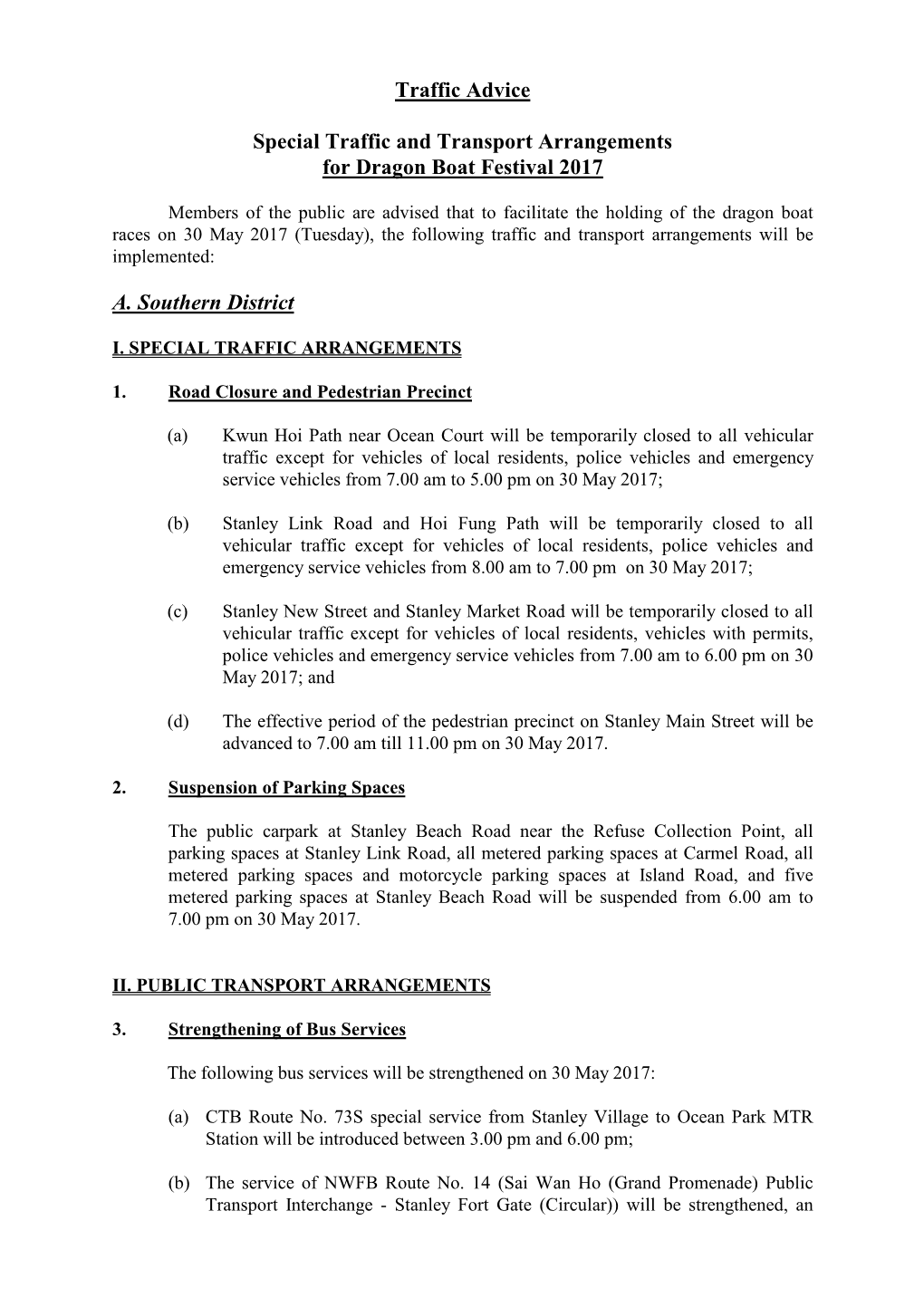 Special Traffic and Transport Arrangements for Dragon Boat Festival 2017