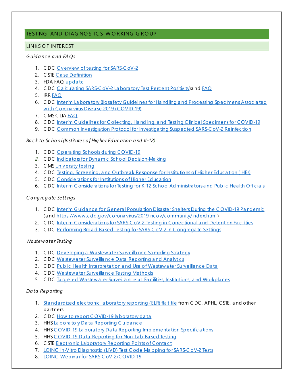 Testing and Diagnostics Working Group