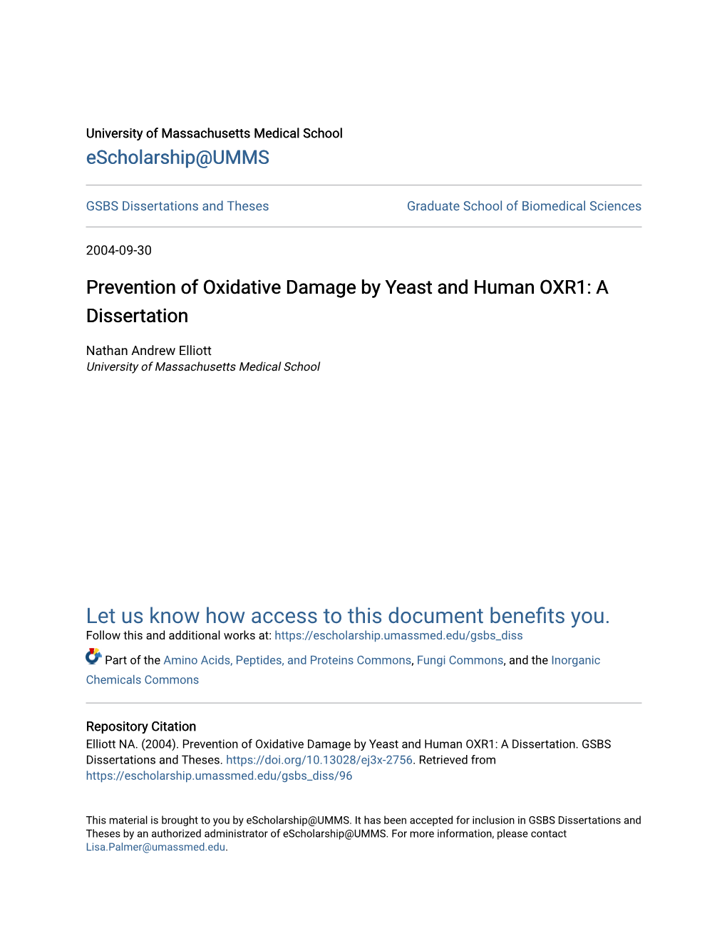 Prevention of Oxidative Damage by Yeast and Human OXR1: a Dissertation