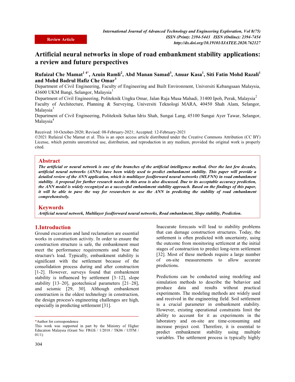 Artificial Neural Networks in Slope of Road Embankment Stability Applications: a Review and Future Perspectives